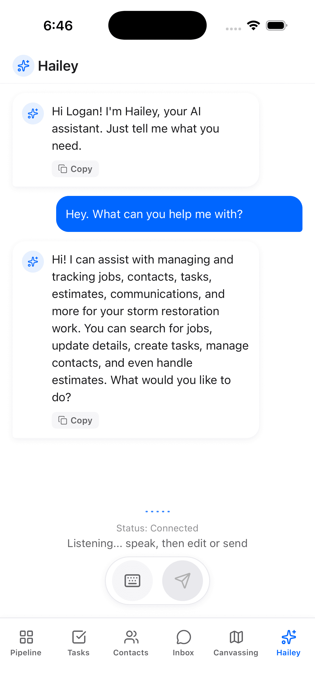 Chat interface with Hailey AI providing a quick summary of a job's status and suggesting a follow-up email