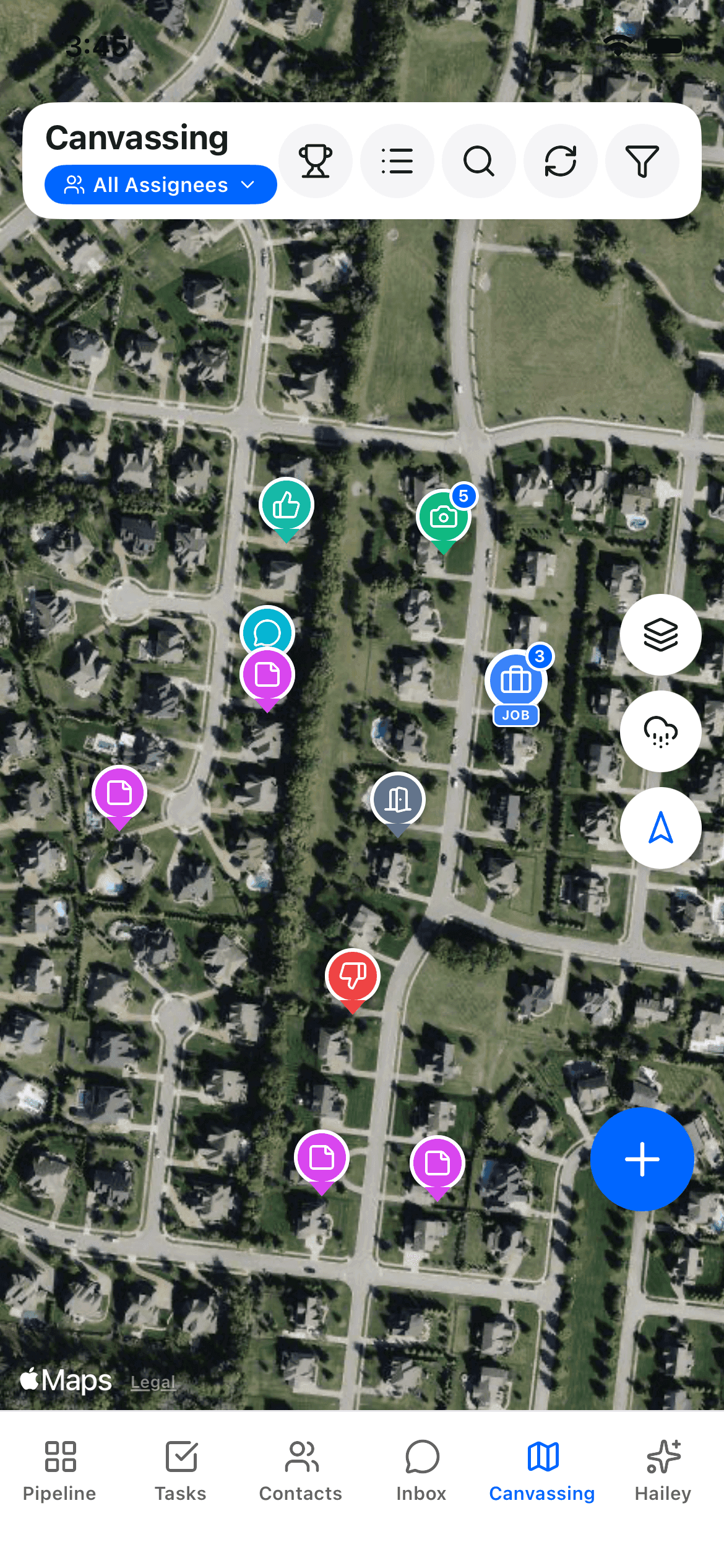 HailMate canvassing map on a phone. A neighborhood street map with dozens of colored pins showing door-knock outcomes, the rep's current location highlighted, a route line connecting knocked houses, and a counter at the top reading 'Today: 42 knocks, 6 appointments'. A bottom sheet shows one address with buttons to log the result.