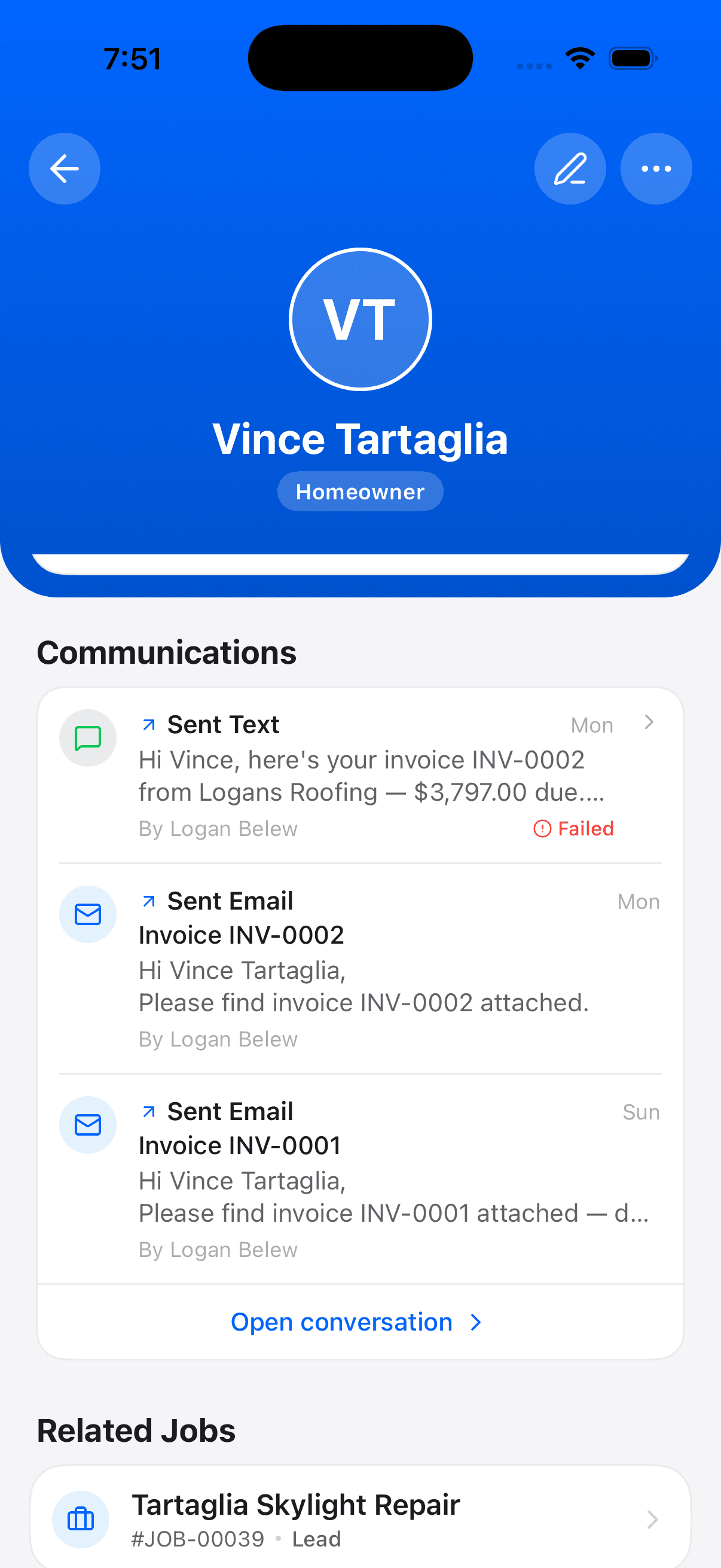 HailMate screen for communication hub — a clean, mobile-friendly interface an insurance-restoration roofing crew uses in the field, showing the key information and actions for this workflow on a light UI with blue accents.