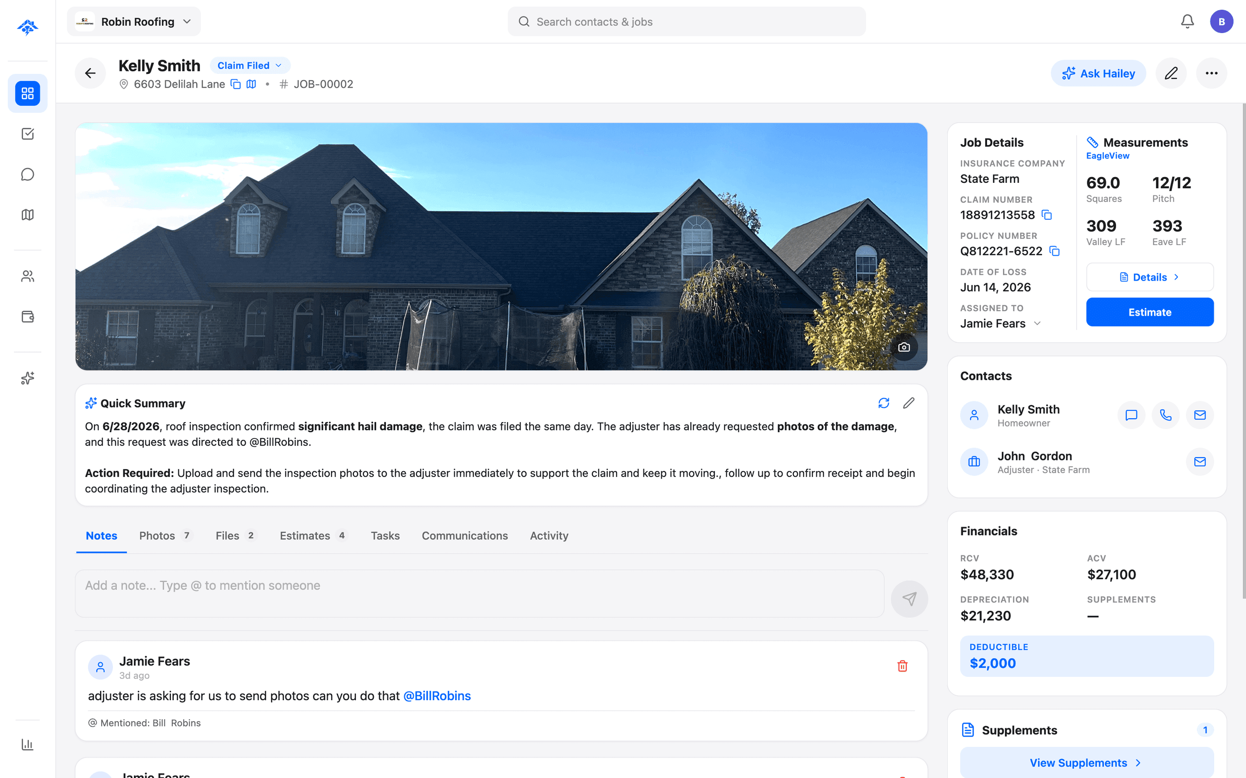 HailMate screen for one central platform — a clean, mobile-friendly interface an insurance-restoration roofing crew uses in the field, showing the key information and actions for this workflow on a light UI with blue accents.