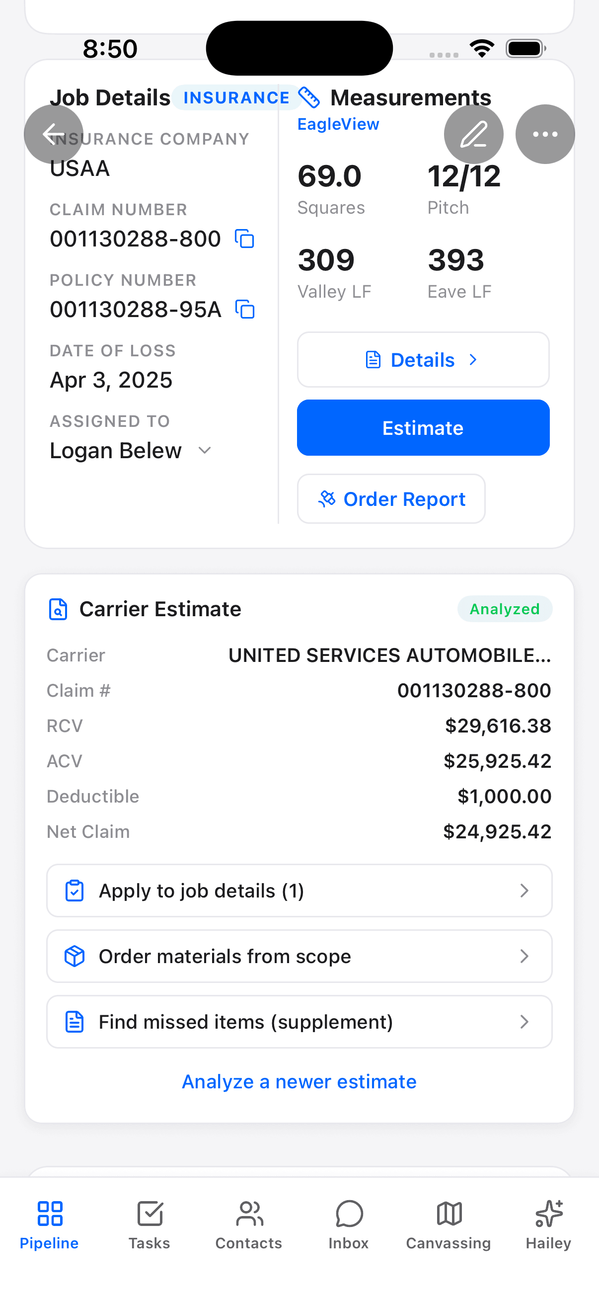 A job detail screen in the HailMate mobile app for an insurance-restoration roofing company, showing job status, claim details, and an AI-generated quick summary with next steps. Clean light UI with blue accents.