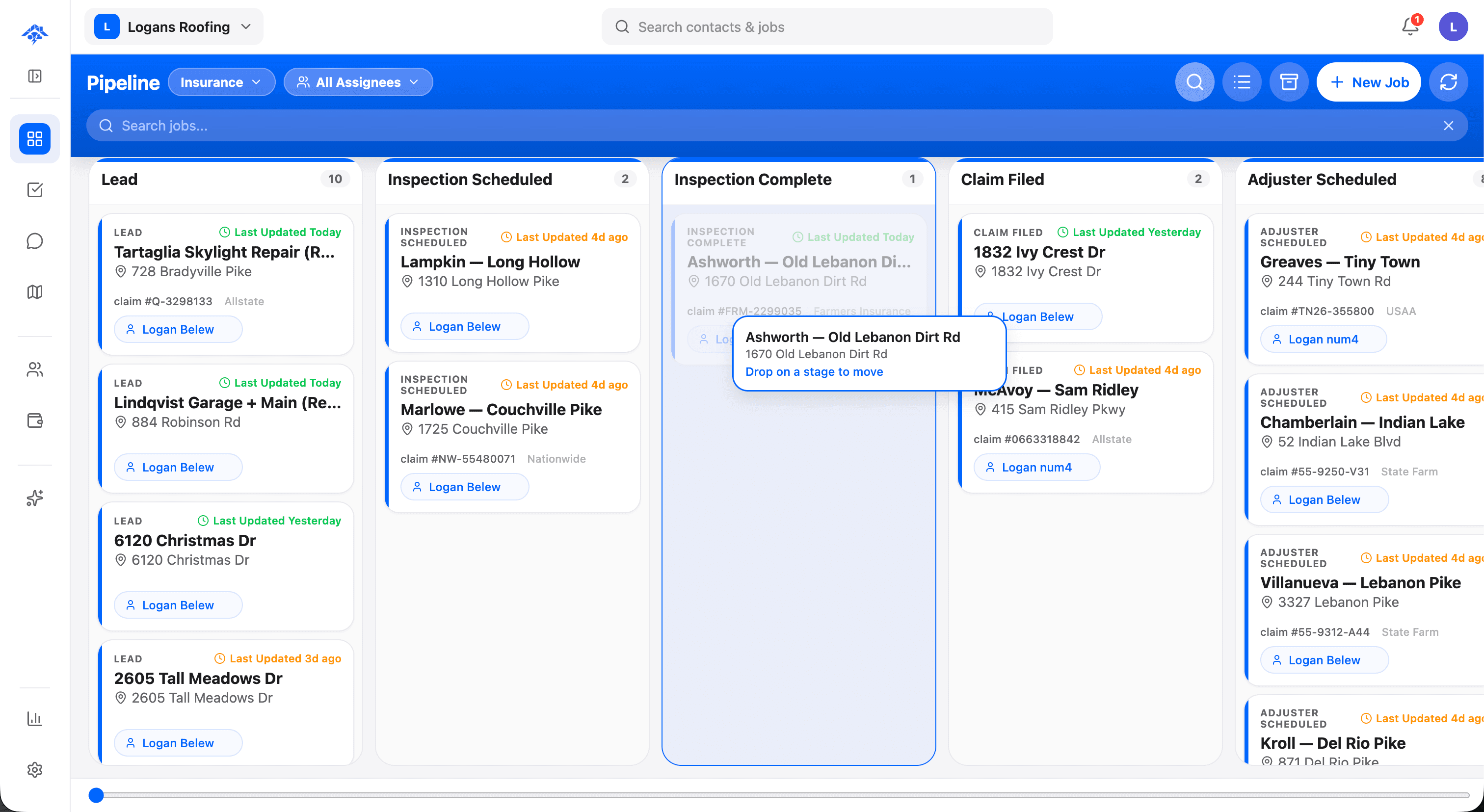 HailMate screen for insurance claims management — a clean, mobile-friendly interface an insurance-restoration roofing crew uses in the field, showing the key information and actions for this workflow on a light UI with blue accents.