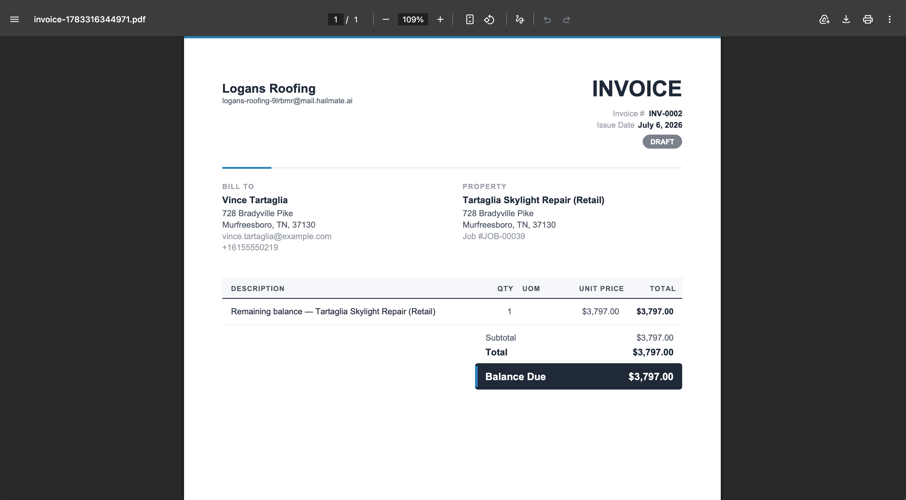 Professional roofing invoice on a tablet showing line items, payment terms, and company branding