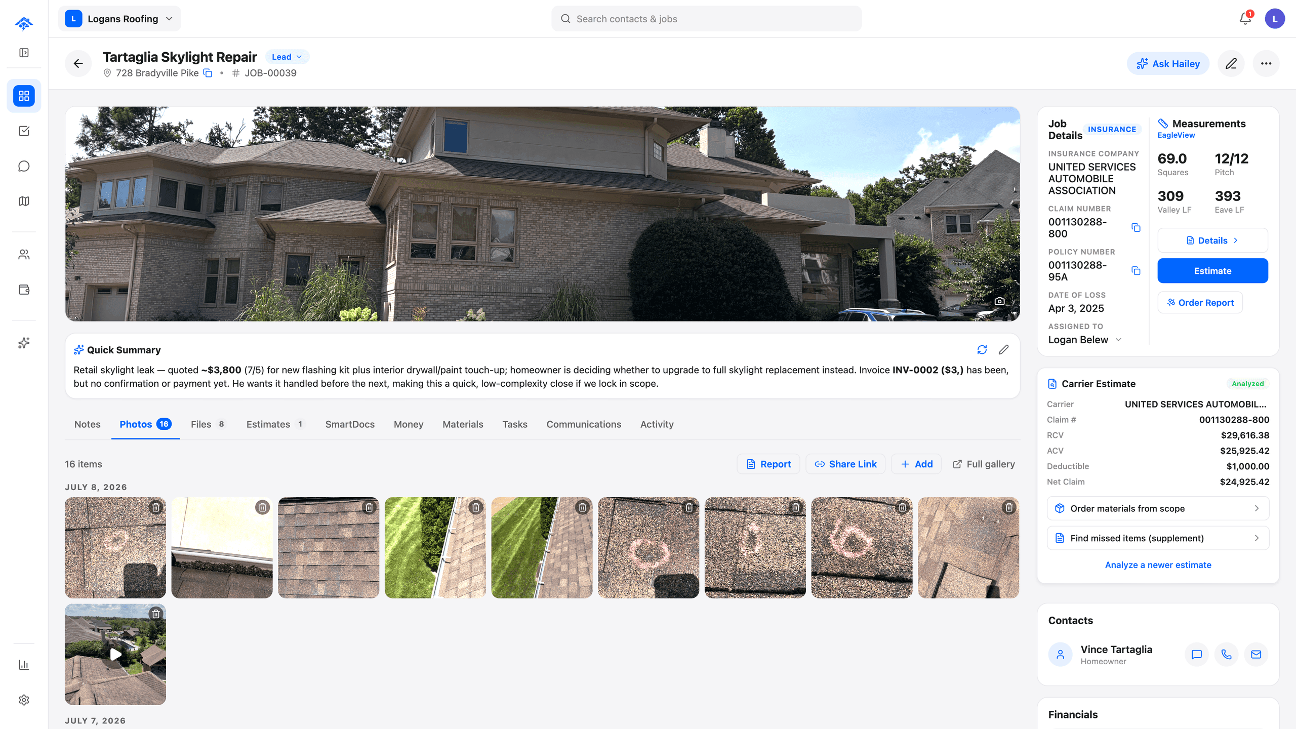 A job detail page in HailMate for an insurance-restoration roofing company. Roof photo up top, job status and claim number in the header, a job details and measurements panel, contacts, and an AI-generated quick summary of the claim with next steps. Clean light UI with blue accents.