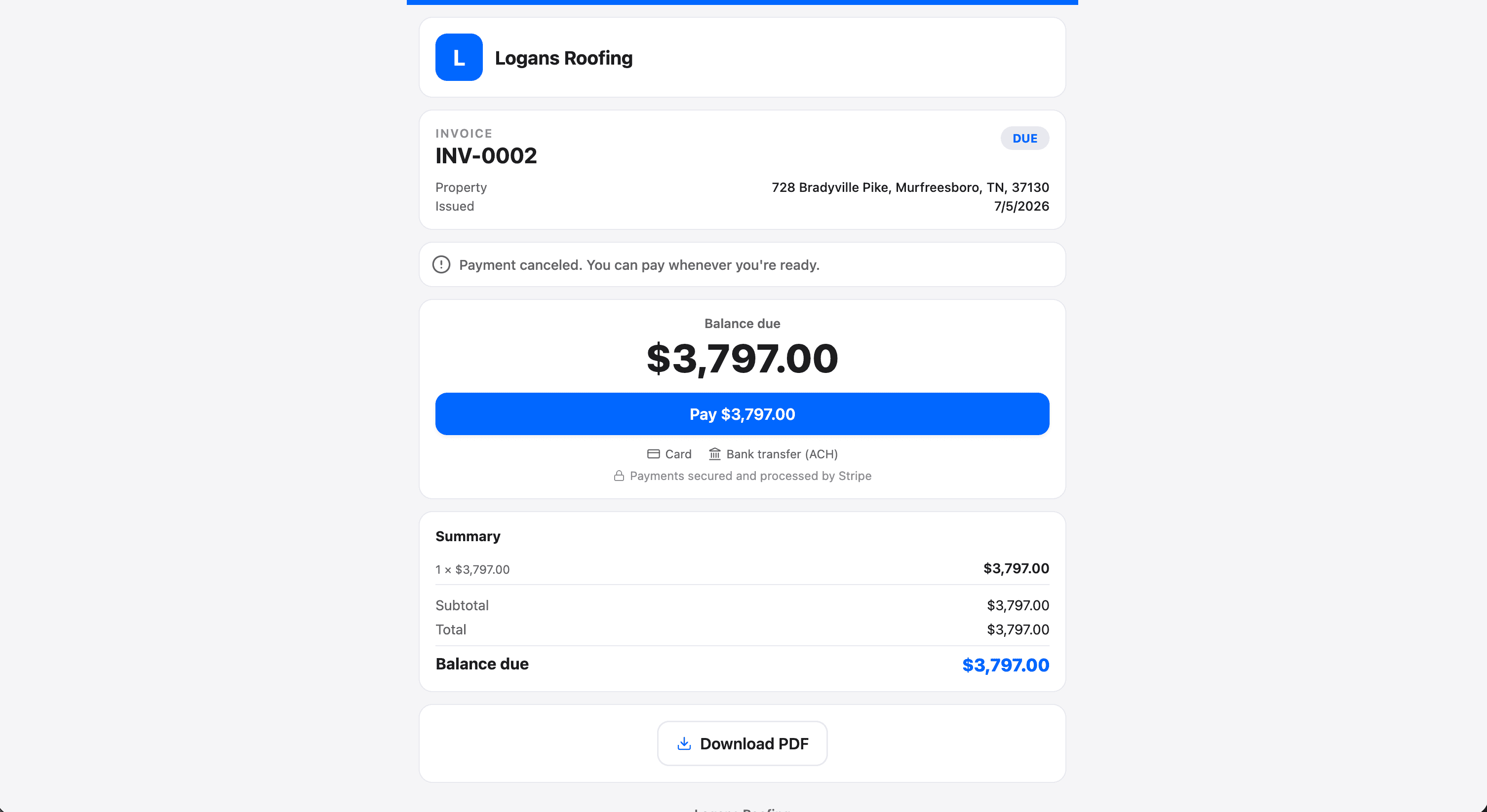 Roofing invoice on a phone with a built-in Pay Now button, card and ACH options, and a paid confirmation posting to the job record