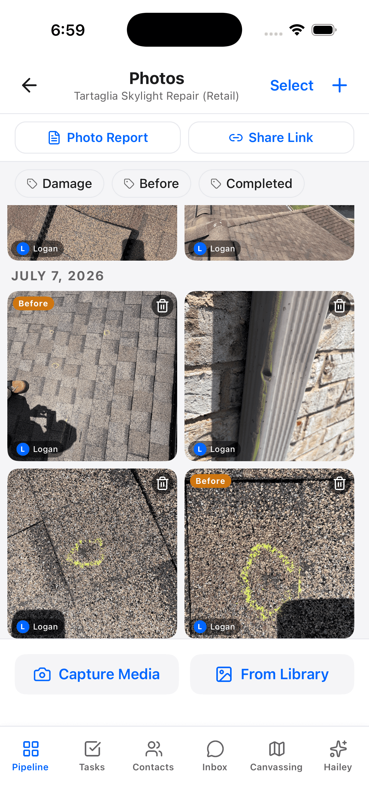 App screen showing a job's photo storage with an annotated hail damage photo (arrows and circles), a before-and-after pair, and a guided photo checklist with 'Required' labels
