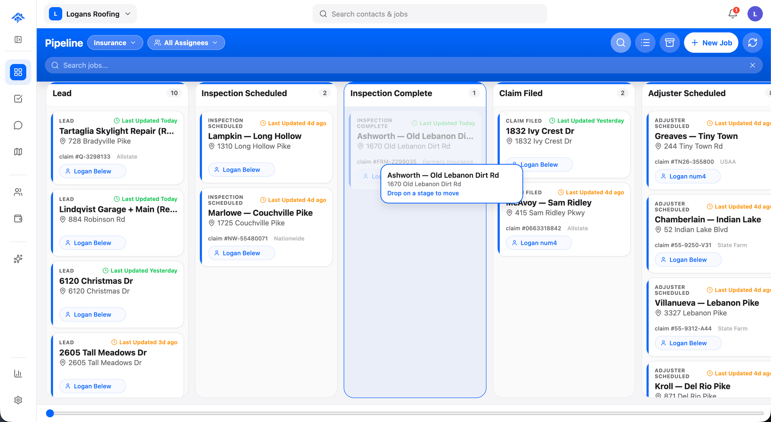 HailMate claims pipeline board on the web. Kanban-style columns for stages like Inspection, Claim Filed, Adjuster Meeting, Approved, Supplementing, Build Scheduled, Build Complete, Invoiced, and Paid. Each column holds job cards showing the homeowner name, carrier, claim amount, and days-in-stage. A summary bar across the top shows total pipeline value and jobs awaiting action.