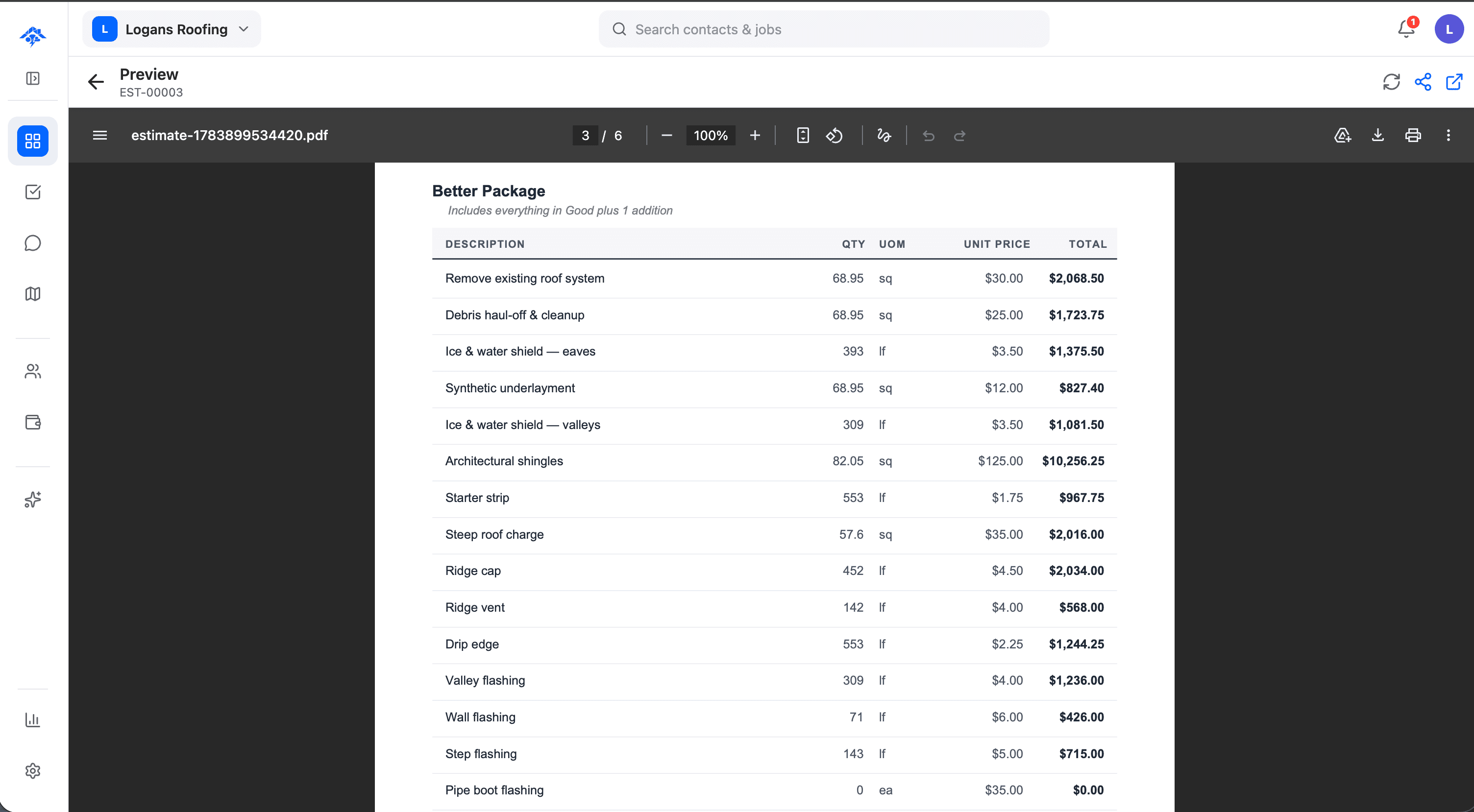 Professional roofing estimate PDF with line items, material pricing, and digital signature field on a tablet screen