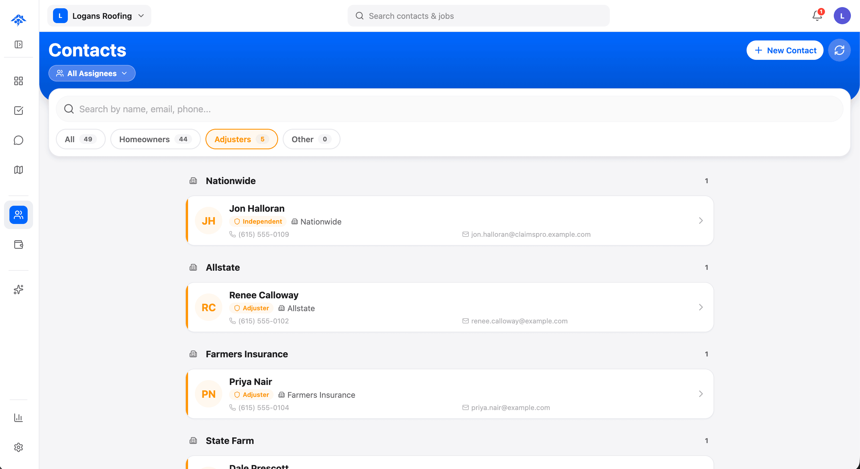 HailMate screen for shared adjuster database — a clean, mobile-friendly interface an insurance-restoration roofing crew uses in the field, showing the key information and actions for this workflow on a light UI with blue accents.
