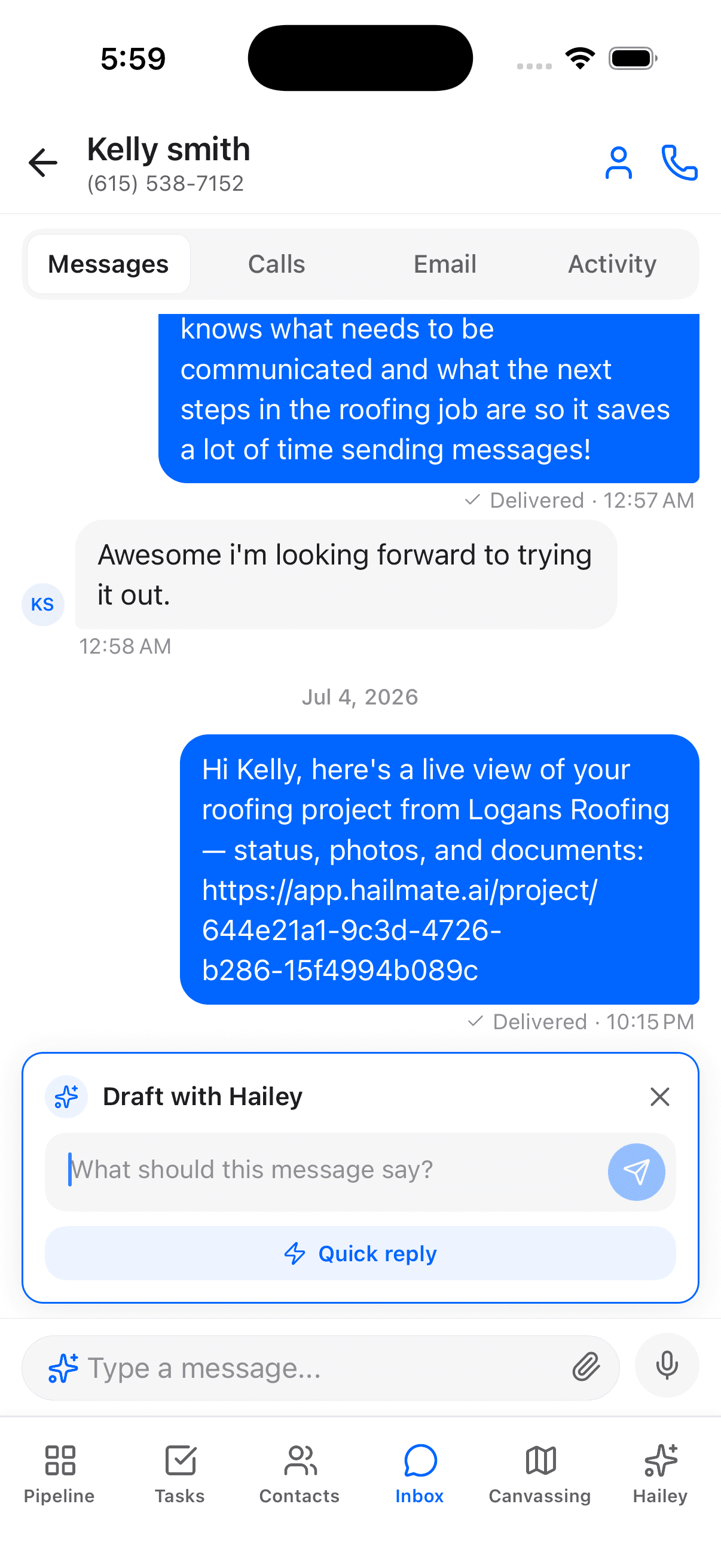 HailMate mobile messages screen on a phone. A list of messages with the sender, subject, and preview text. The messages are sorted by most recent first.