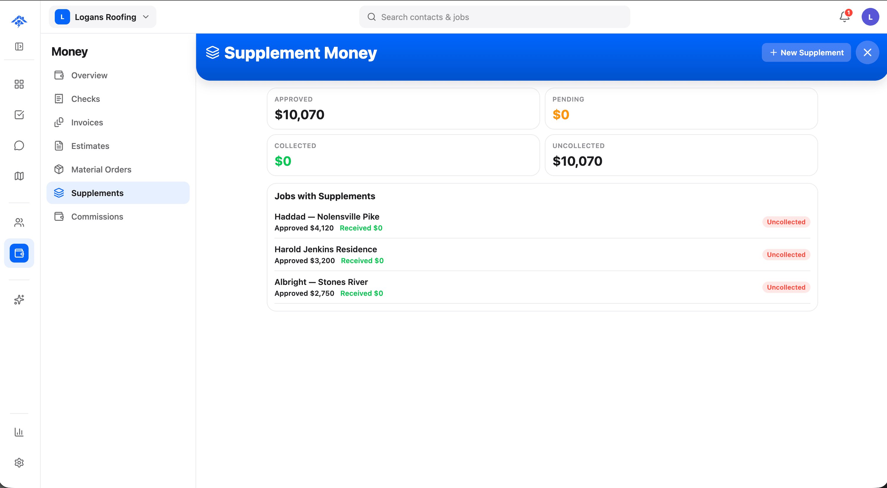 Dashboard showing supplement statuses, insurance check tracking, and payment collection progress for roofing jobs
