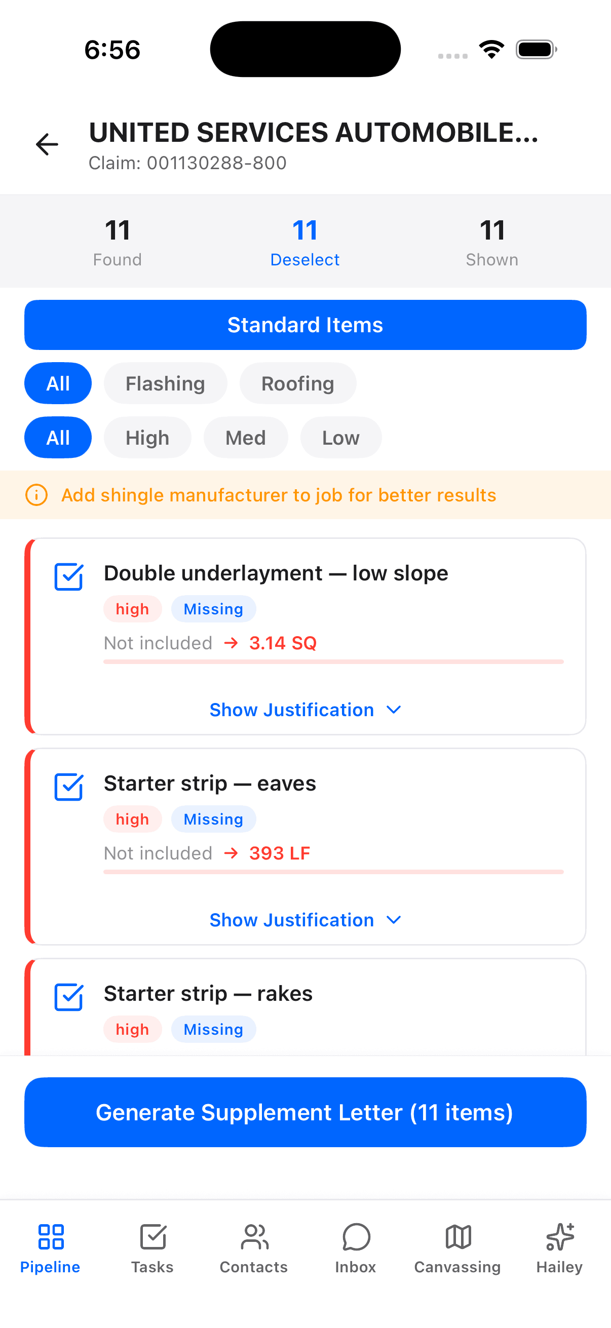 Interface showing a side-by-side comparison of an insurance scope vs identified missing supplement items