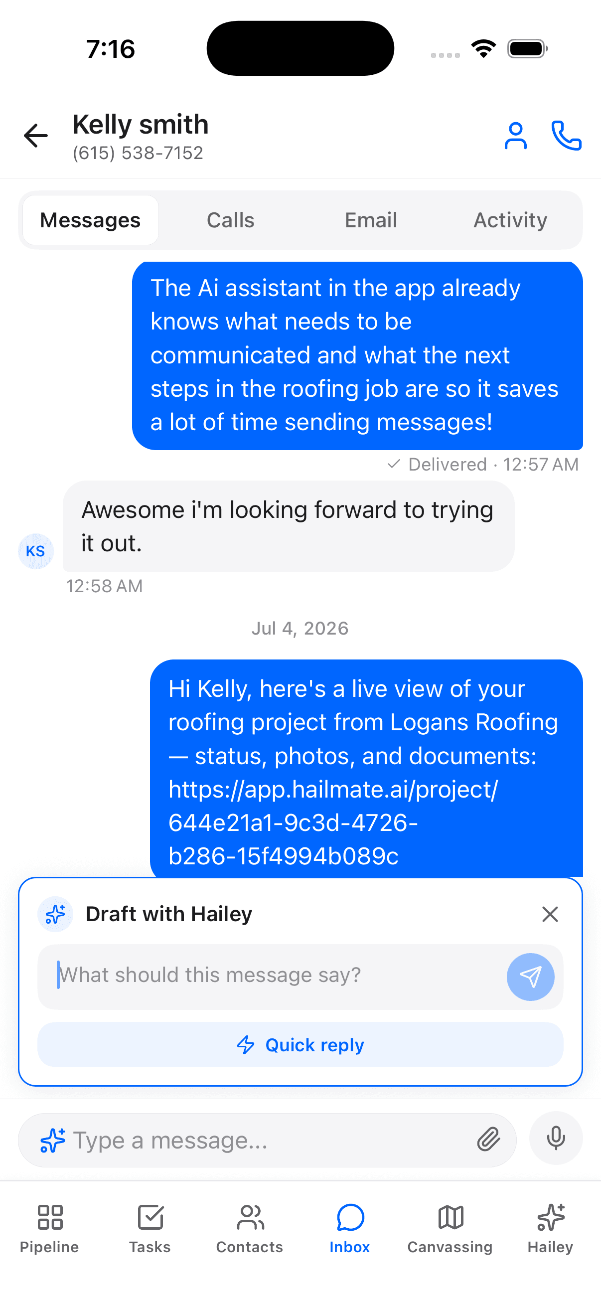 Text messaging conversation interface showing AI-drafted message suggestions and automated follow-up sequence timeline