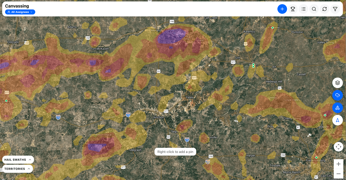 HailMate's canvassing map: hail swaths colour-banded by stone size, from yellow through red to purple, laid over a satellite view of a Texas territory, with hail swath and territory controls.